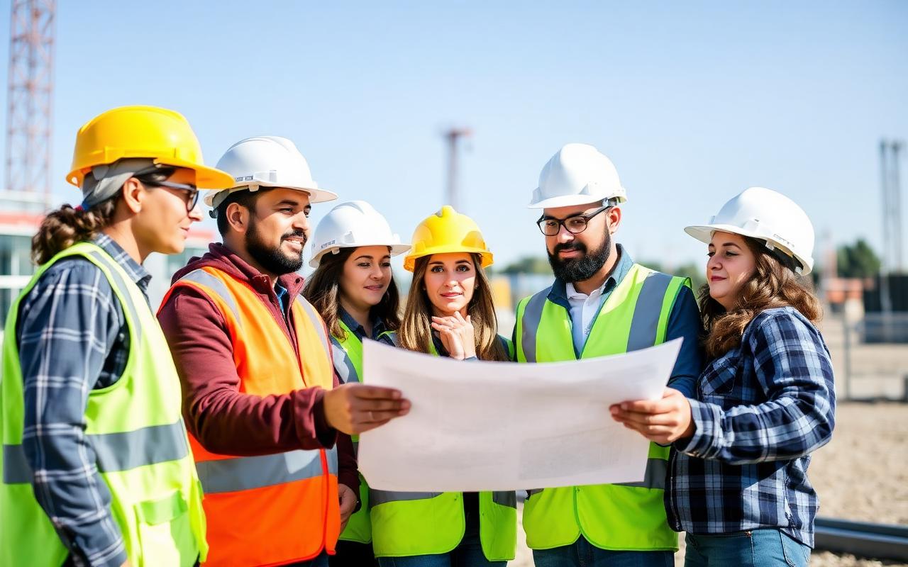 Equipe de engenheiros analisando projeto em campo